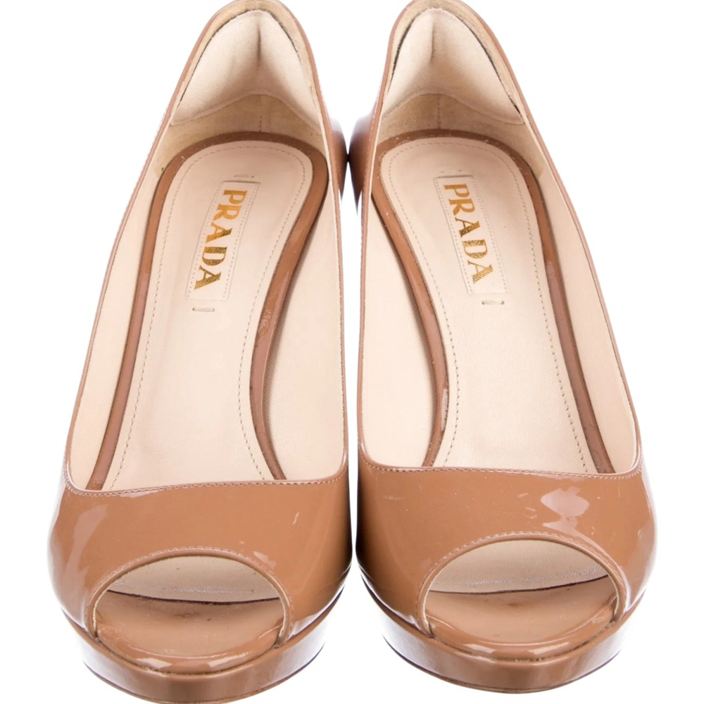 PRADA Women's Beige Patent Leather Peep Toe Platform 3.5" Heels EU 37.5 - Picture 2 of 5